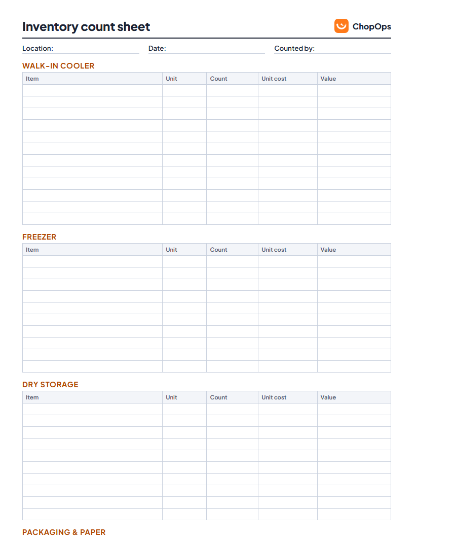 Inventory count sheet with sections for walk-in cooler, freezer, dry storage, packaging and beverages